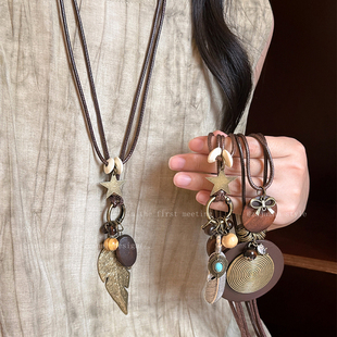 新中式禅意羽毛吊坠项链女复古波西米亚长款锁骨链民族风叠戴配饰