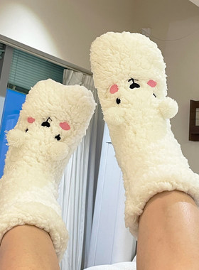 巨保暖小熊地板袜成人女室内防滑冬加厚秋冬袜子羊羔绒睡眠袜暖脚