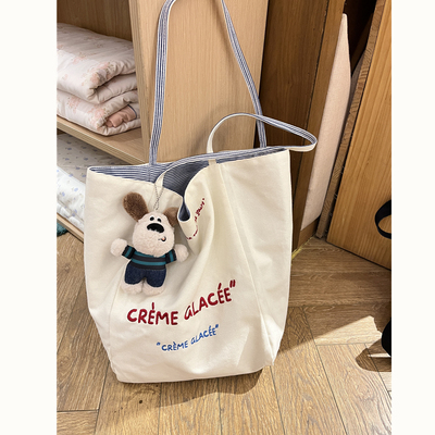 新款韩版大容量帆布包双面背刺绣单肩包简约百搭托特包女通勤大包