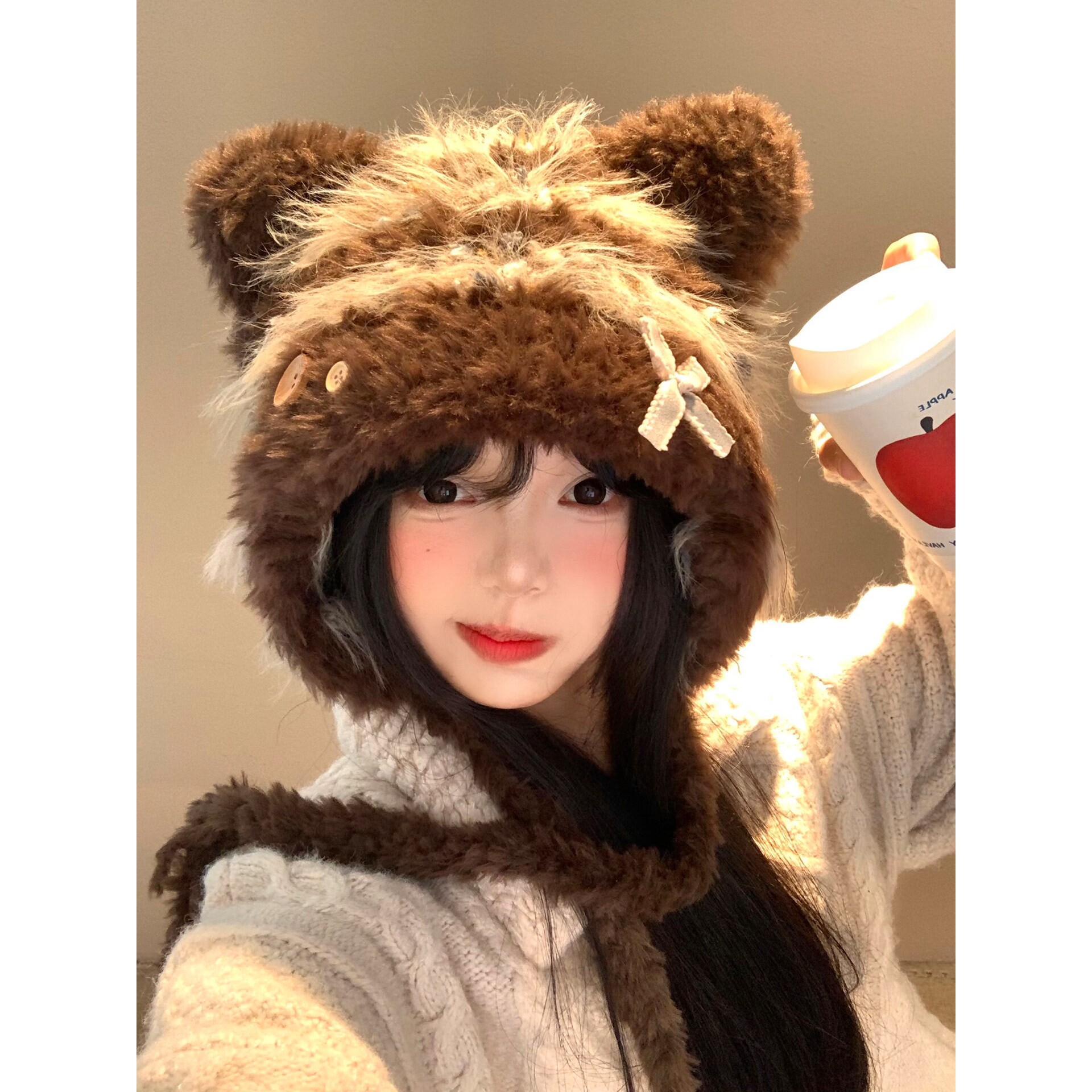 可爱条纹蝴蝶结小熊毛绒针织帽女秋冬显脸小保暖防寒护颈雷锋帽子