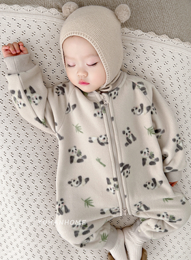 婴儿连体衣秋冬保暖摇粒绒加绒超萌卡通拉链爬服哈衣宝宝外穿衣服