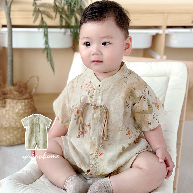 婴儿夏装男宝宝薄款短袖开襟新中式冰感外穿哈衣婴幼儿衣服夏季