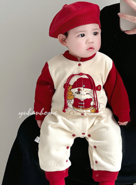 婴儿喜庆服春秋红色国风中式a类百天周岁外出灵蛇宝宝满月连体衣