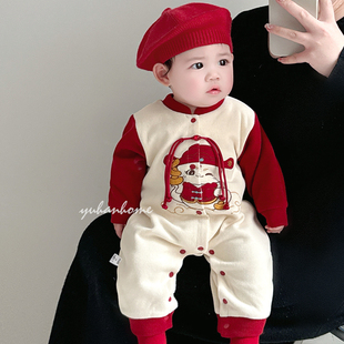 婴儿喜庆服春秋红色国风中式a类百天周岁外出灵蛇宝宝满月连体衣