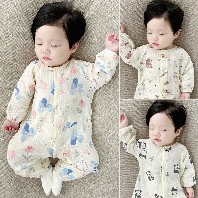 婴儿衣服春秋纯棉a类睡衣长袖薄款新生儿纱布爬服哈衣宝宝连体衣