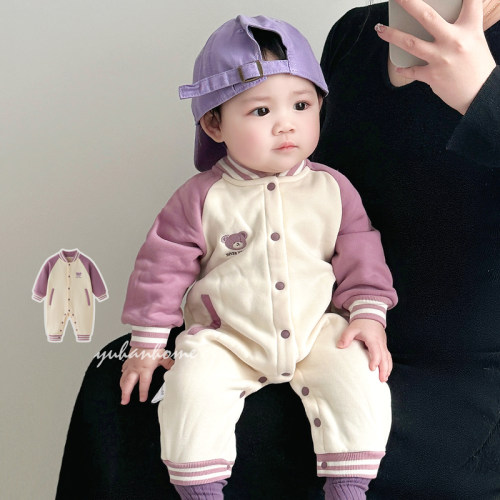 婴儿连体衣早春超萌可爱小熊抓绒外出衣服宝宝棒球服连体衣春秋