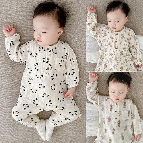 套头连体衣纱布春夏秋透气性强