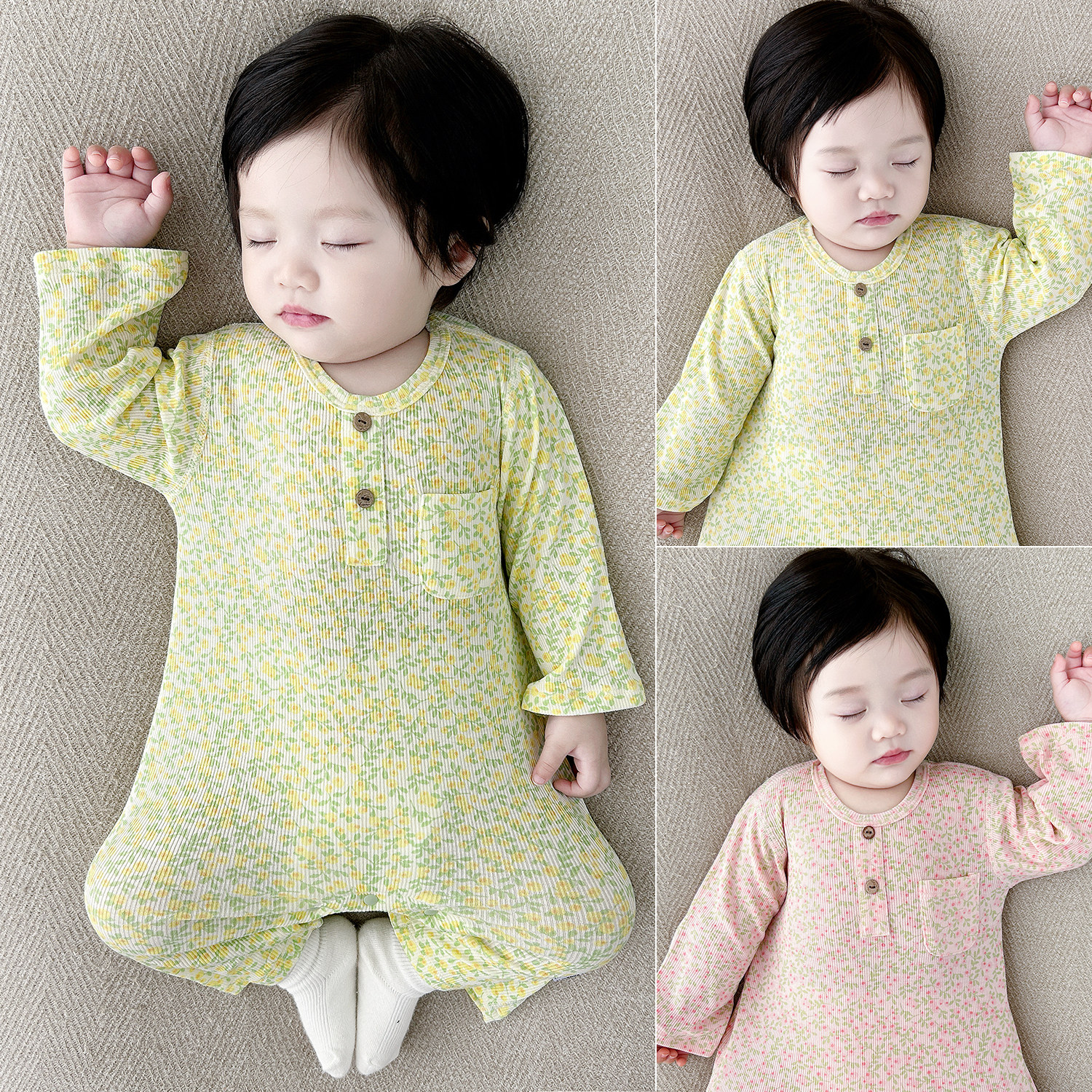 女婴幼儿连体衣长袖无骨薄款莱赛尔高弹居家睡衣宝宝爬服哈衣春秋