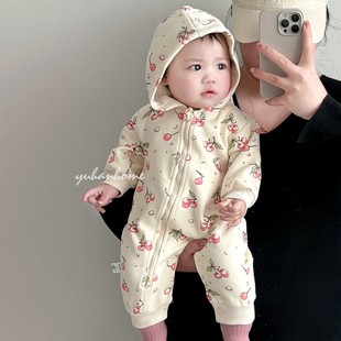 婴儿早春外出服连帽拉链北欧风简约可贴身连体衣宝宝爬爬服春秋