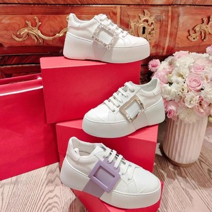 【外贸】rv方扣厚底小白鞋女2024新款真皮水钻内增高休闲运动板鞋