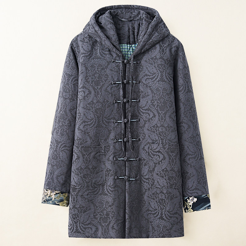 中国风中长款外套男棉麻风衣棉服中式盘扣立领棉花棉袄连帽棉衣