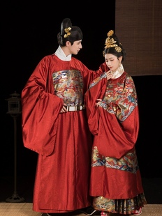 砚滨纱汉服明制仿妆花孔雀圆领袍男女霞帔婚服琴瑟和鸣 出租