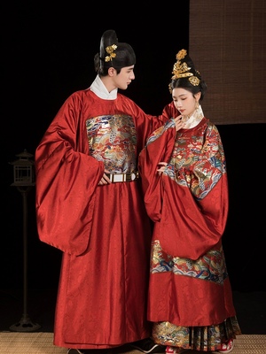 【出租】砚滨纱汉服明制仿妆花孔雀圆领袍男女霞帔婚服琴瑟和鸣