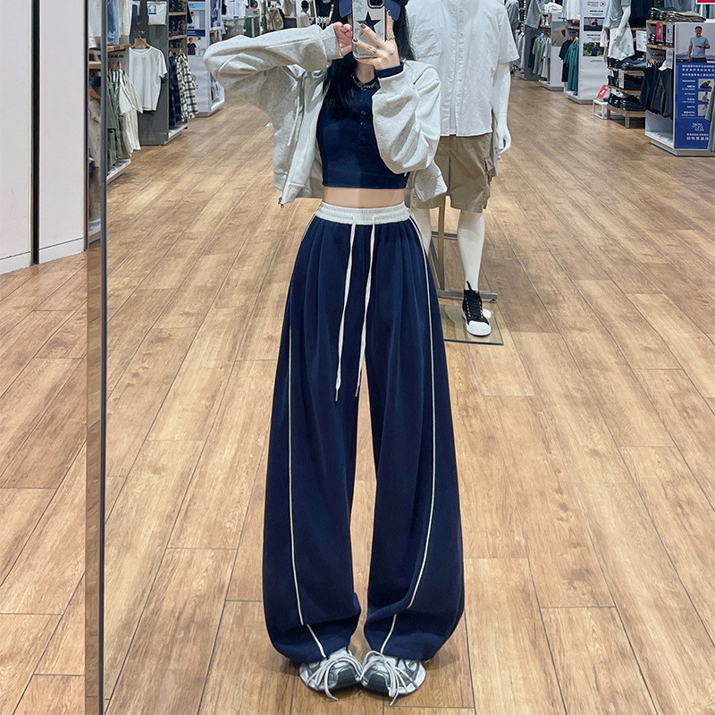 美式复古藏青色运动卫裤女春秋冬季新款宽松直筒休闲裤垂感阔腿裤