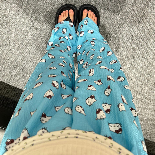 新款卡通猫咪泡泡皱睡裤女宽松阔腿裤春秋夏季休闲家居可外穿