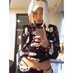 家居服套装 长裤 加厚保暖长袖 kt甜美卡通凯蒂猫毛绒睡衣女冬款