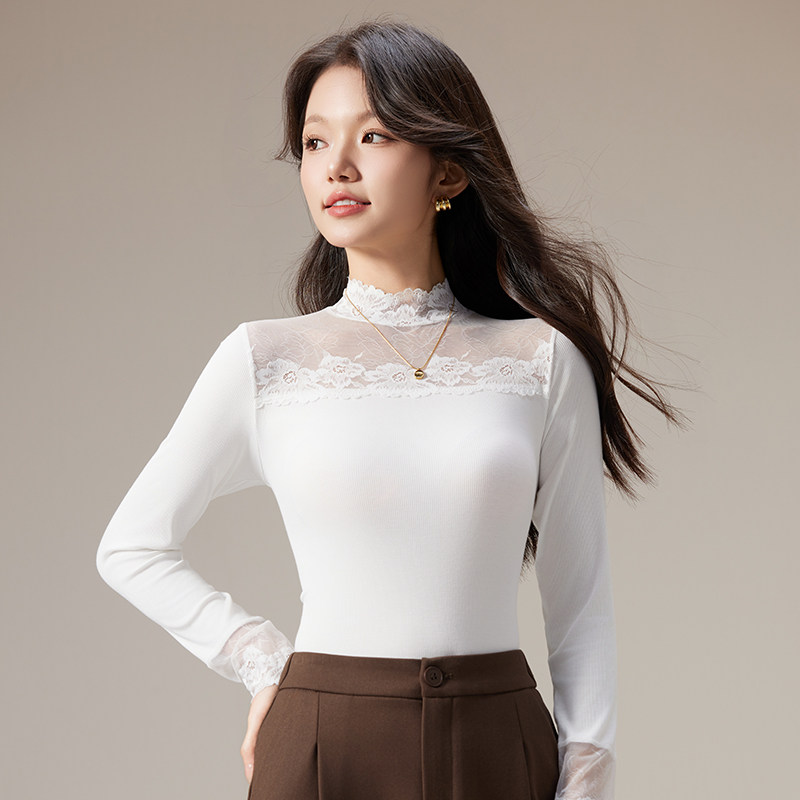 半高领蕾丝打底衫女2025新款白色内搭长袖修身遮肉显身材上衣针织