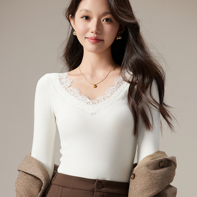 2025新款白色蕾丝长袖打底衫