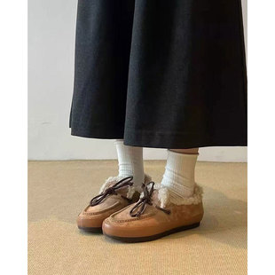 羊皮版~复古风磨砂皮毛毛鞋女加绒保暖蝴蝶结乐福鞋平底单鞋