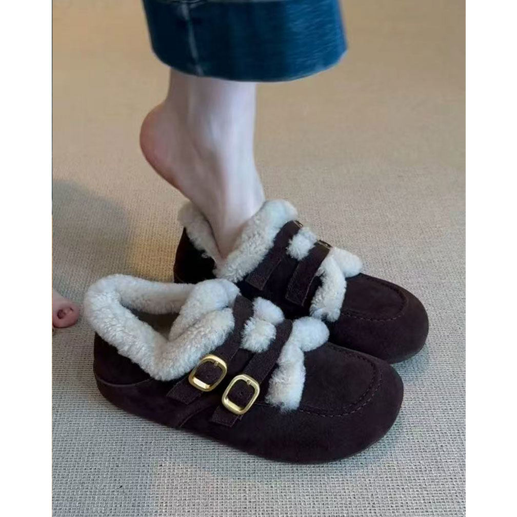 羊皮版~韩版毛毛乐福鞋女加绒保暖双扣带圆头平底豆豆鞋一脚蹬,女鞋,乐福鞋（豆豆鞋）,淘宝优惠券,粉丝福利购,淘宝优惠卷