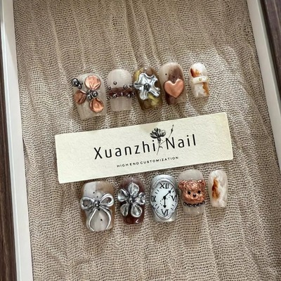 【钟表小熊】复古风艺术雕花ins小众秋冬短甲2025新款手工穿戴甲