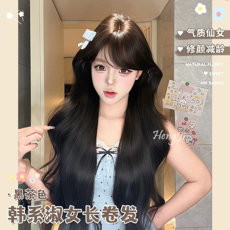 哼唧假发女日常网红中分长卷发自然新款逼真全头套图片