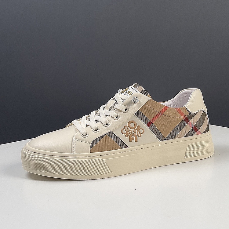 欧洲站男鞋轻奢春季新款真皮格子布面拼接潮流透气低帮鞋子男板鞋