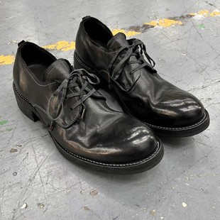 顶版小众翘头巫师鞋褶皱复古做旧小皮鞋男水洗德比鞋头层牛皮黑色