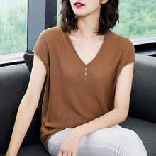 薄款2020夏季新款文艺宽松显瘦V领冰丝针织衫短袖t恤女式大码上衣