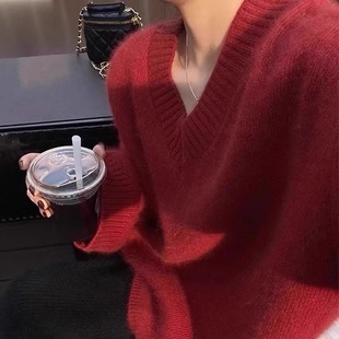 女士宽松慵懒风毛衣显瘦外搭上衣 京绒羊2025秋冬V领100%纯羊毛衫