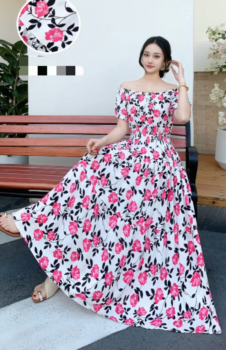 人造棉大摆棉绸连衣裙女高腰印花裙子夏季新款旅游长裙碎花裙