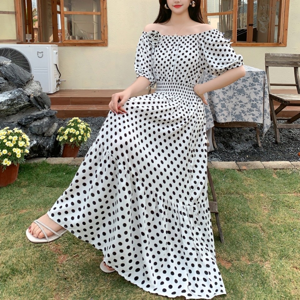 纯色棉绸连衣裙大码一字领大摆裙B高腰显瘦遮肚白色沙滩人棉长裙