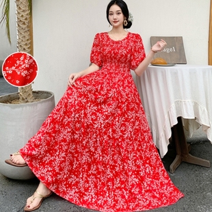 棉绸碎花短袖连衣裙女波西米亚沙滩裙夏人造棉海边渡假裙绵绸裙子