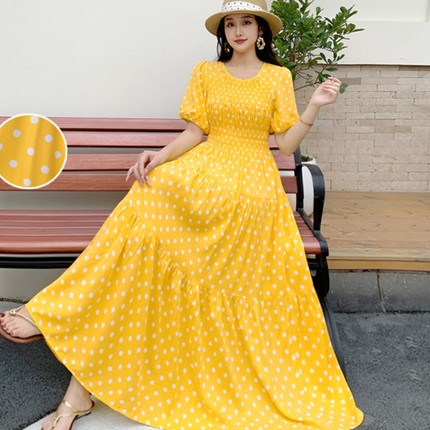 棉绸碎花短袖连衣裙女波西米亚沙滩裙夏人造棉海边渡假裙绵绸裙子
