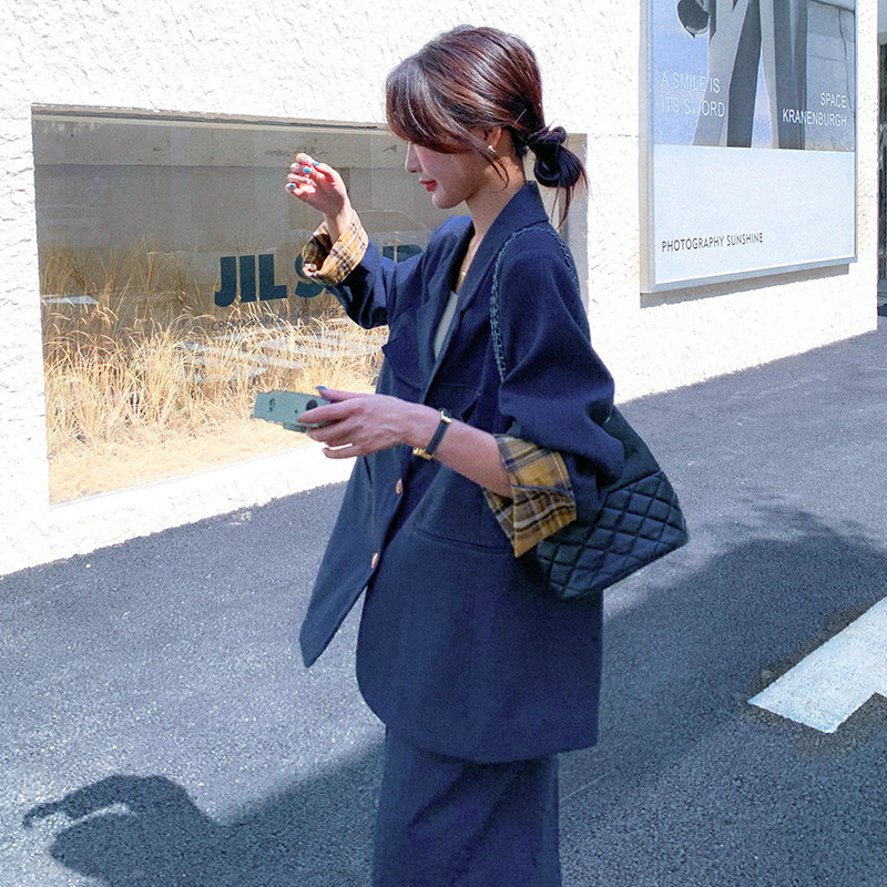 可盐可甜藏青色西装套装女春秋2025新款好看独特时髦阔腿裤两件套,女装西装,2C286