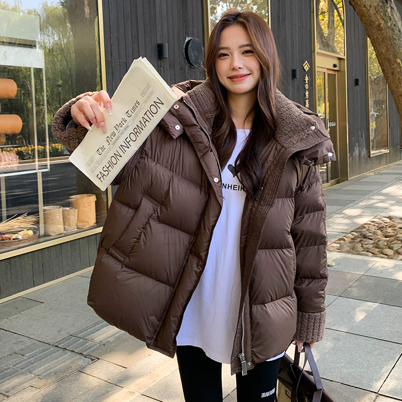 美拉德咖色连帽羽绒棉服女冬超火好看高级感加厚短款棉衣棉袄外套图片