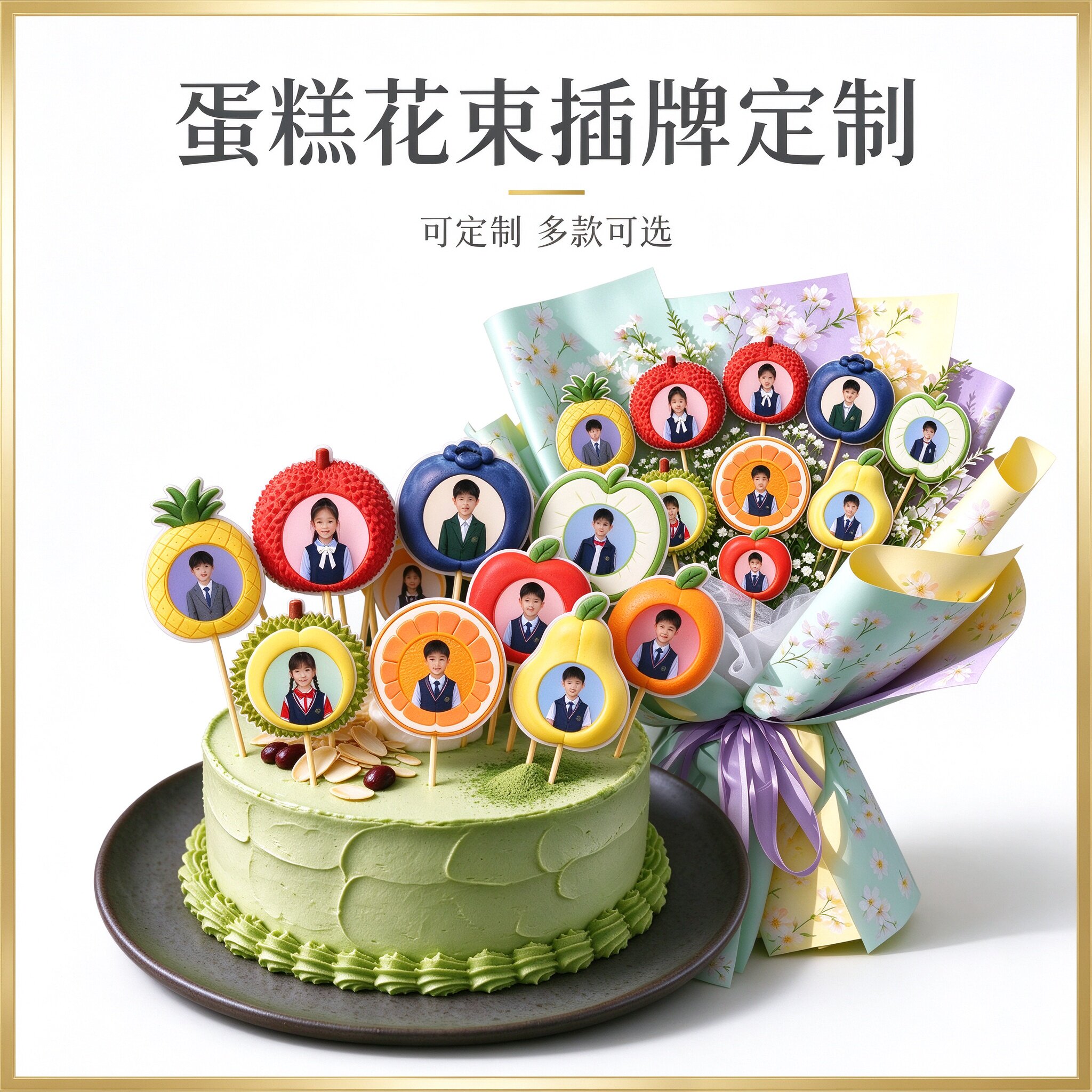 照片插牌花束蛋糕插花定制生日人形立牌帮p图毕业礼物300克双铜纸