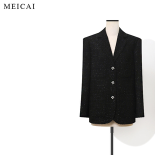 美裁 羊毛花呢长袖平驳领中长款宽松小香风西装外套女春秋