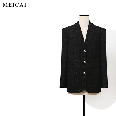 美裁 羊毛花呢长袖平驳领中长款宽松小香风西装外套女春秋