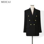 复古双排扣女士高端羊毛收腰正肩西装 黑金中长款 优雅老钱 美裁