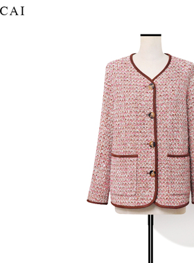 美裁 L*P马术系列 花纱红羊毛粗花呢V领落肩袖宽松外套女秋冬