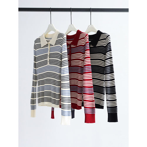 法式拼色条纹气质通勤版门襟翻领