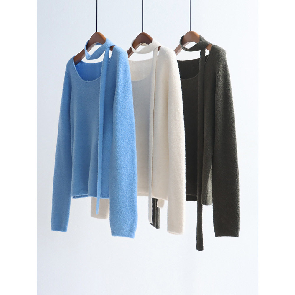 韩国订单小圈圈配飘带针织衫上衣