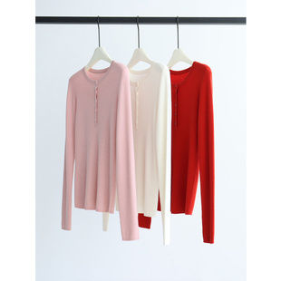 精纺羊毛加厚圆领长袖针织衫亨特领打底衫纯色套头百搭女上衣毛衣