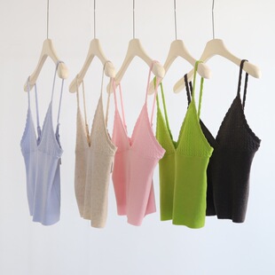 背心吊带上衣 针织无袖 春夏新款 天丝亚麻深v领单肩带叠穿短款