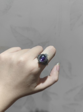 一物一图。小众复古紫水晶盒子款个性开口戒指指环水晶饰品可调节