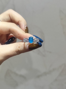 2026新品简约ins风蕾丝款水妖蓝磷辉钛钢托开口可调节戒指孤品