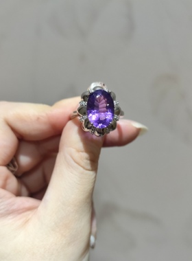 2025新品重工烟花切浓郁紫水晶纯天然钛钢指环开口可调节戒指饰品