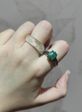 2025新品复古钛钢托绿祖母纯天然指环开口可调节戒指饰品