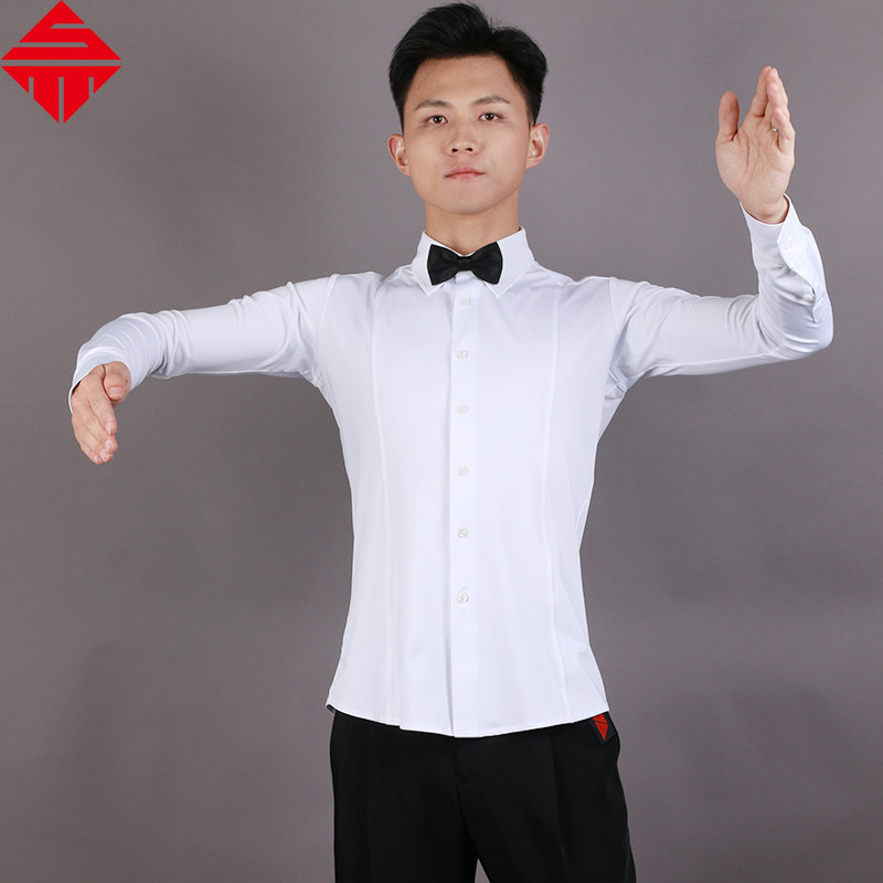 男摩登舞服上衣黑白衬衣长袖国标舞华尔兹舞衣舞蹈成人拉丁舞服装